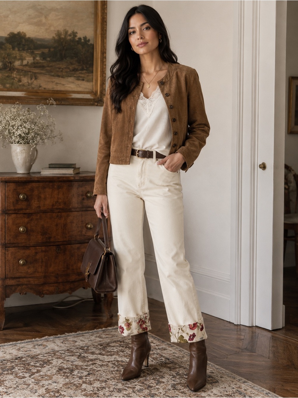 Sz 12 (44 EUR) Les Copains Off white & Floral Cuffed Pants $328 MSRP